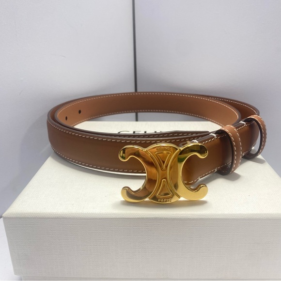 Celine Tan Leather Belt with Gold Buckle - Picture 1 of 7